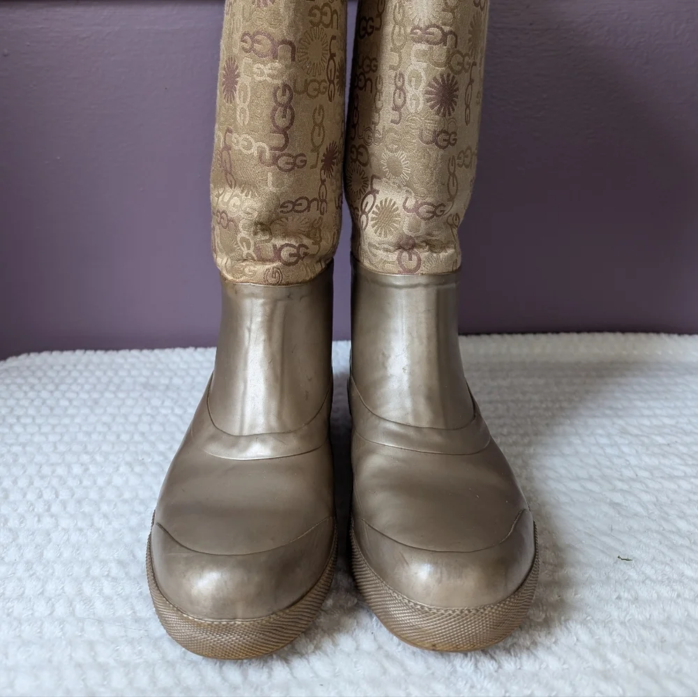 VTG Y2K UGG Wallingford Wellies Gold Sheepskin Logo Print Rain Boots Women's 7 - Picture 8 of 14